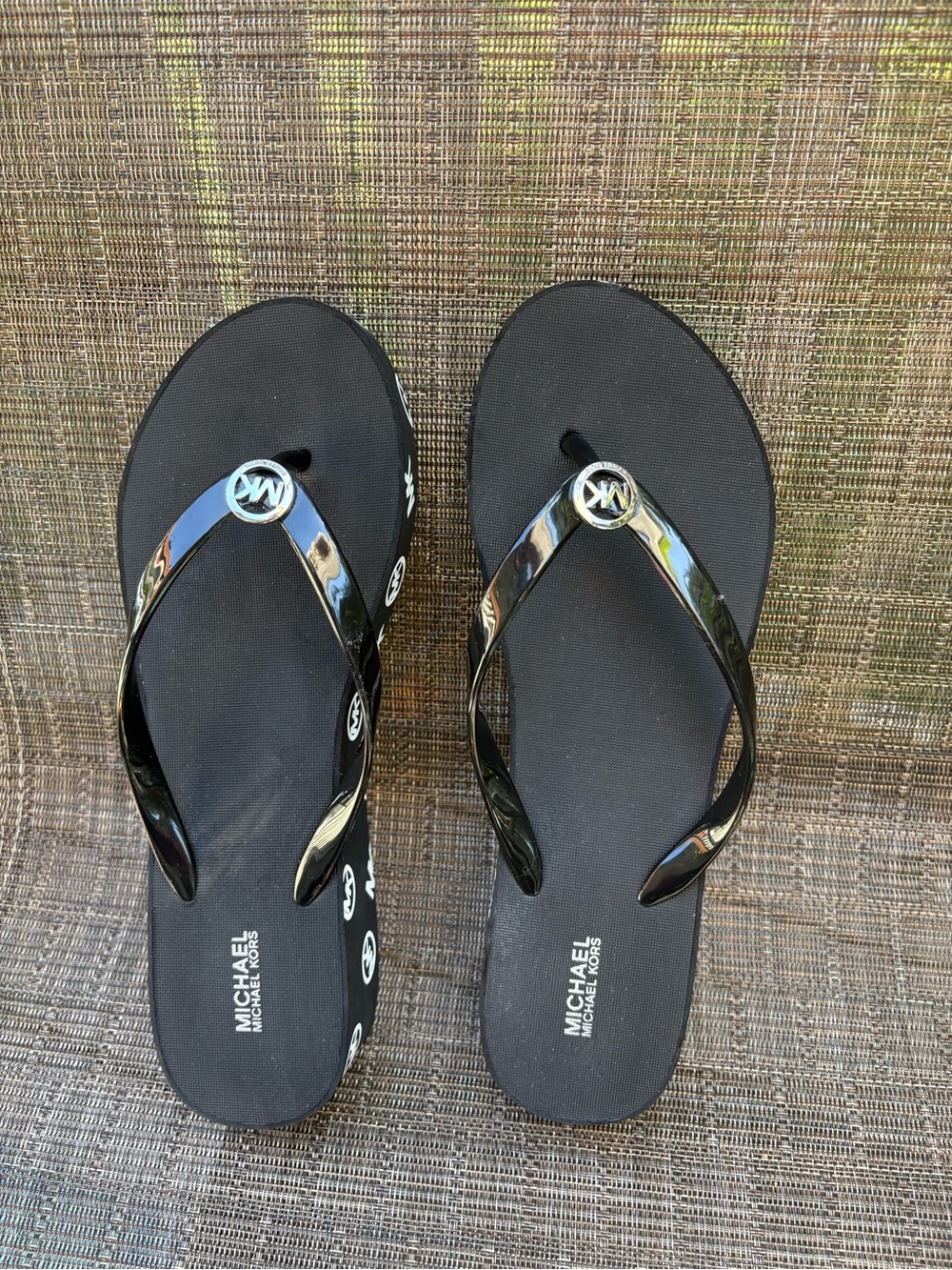 Michael Kors Black Patent Logo Jelly Flip Flops
